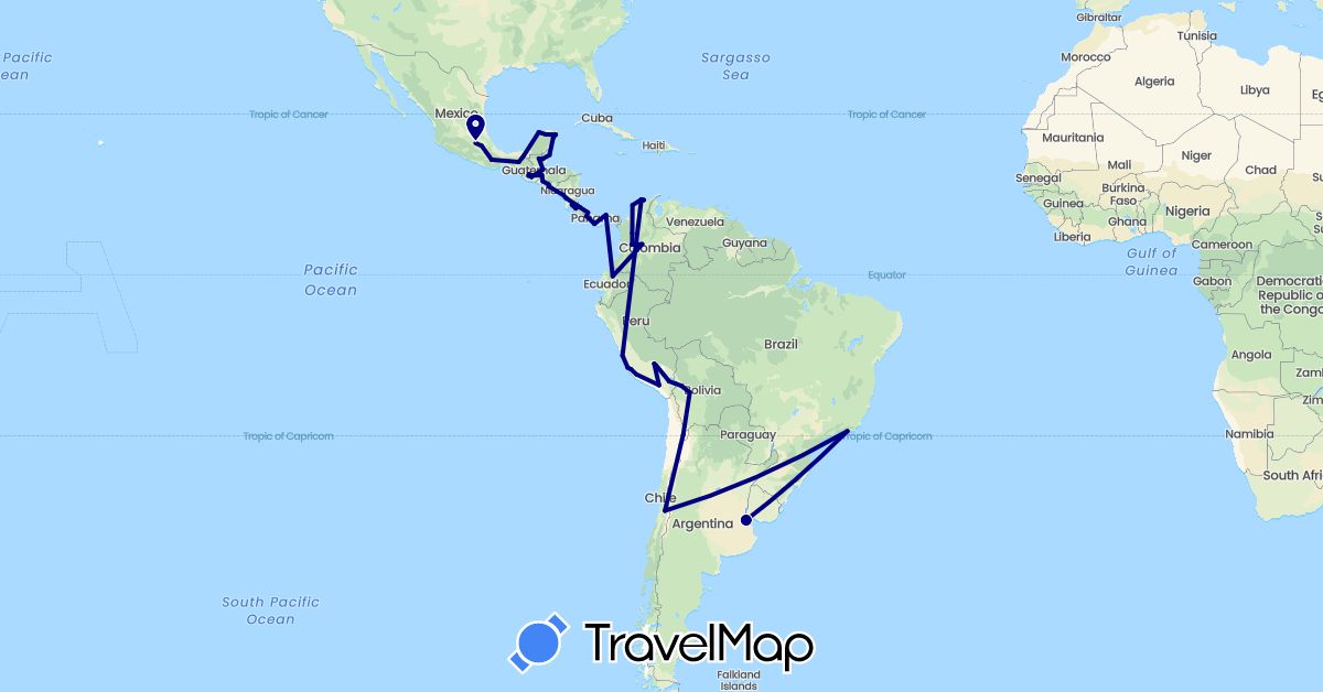 TravelMap itinerary: driving in Argentina, Bolivia, Brazil, Belize, Chile, Colombia, Costa Rica, Ecuador, Guatemala, Honduras, Mexico, Nicaragua, Panama, Peru, El Salvador (North America, South America)